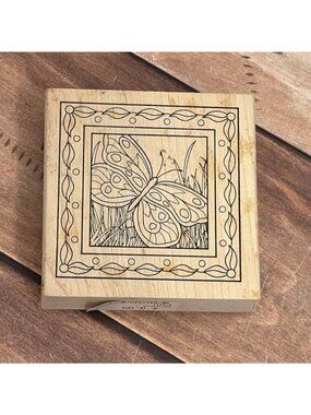 OUTLINES D-E519 BUTTERFLY WOOD MOUNTED RUBBER STAMP SPRING PICTURE FRAME
